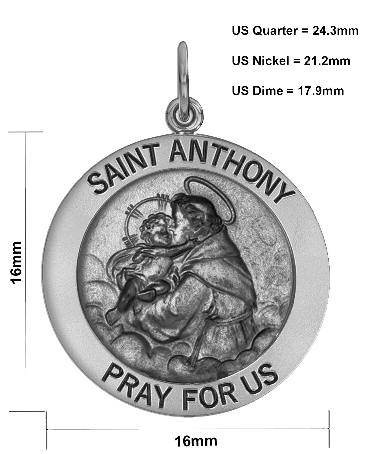 Petite Ladies Antique 925 Sterling Silver Saint Anthony Round Pendant Necklace, 16mm