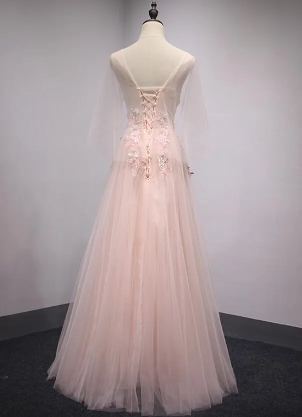 Pink Tulle V-neckline Long Party Dress, Beautiful Prom Dress, Cute Formal Gown