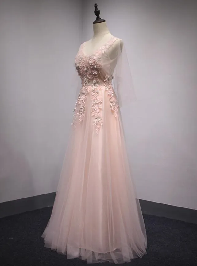 Pink Tulle V-neckline Long Party Dress, Beautiful Prom Dress, Cute Formal Gown
