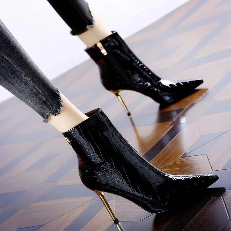 Pointed High Heels Patent Leather Stilettos Elegant High-Top Women’s Shoes