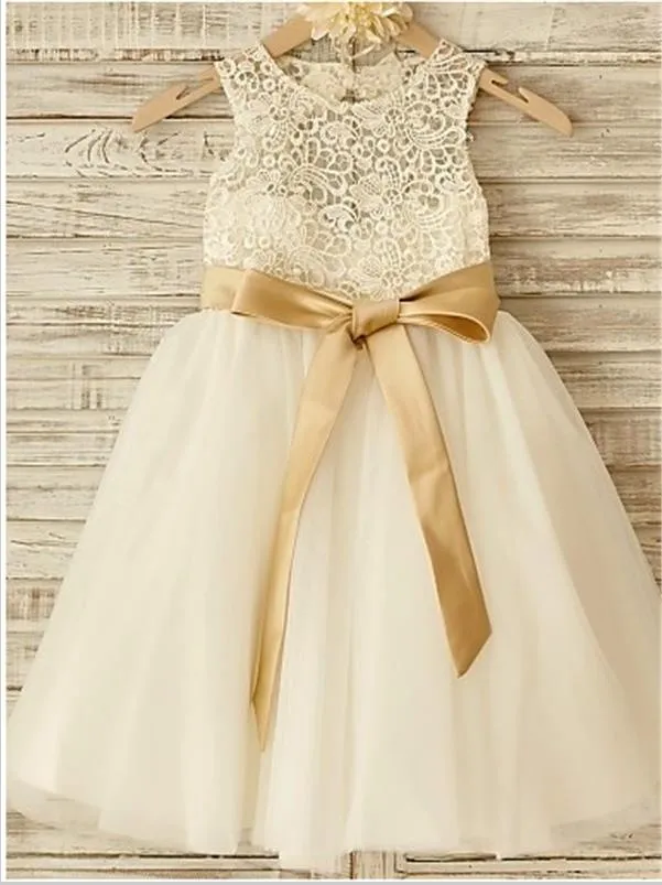 Princess Tulle Sleeveless Floor Length Flower Girl Dresses with Bowknot
