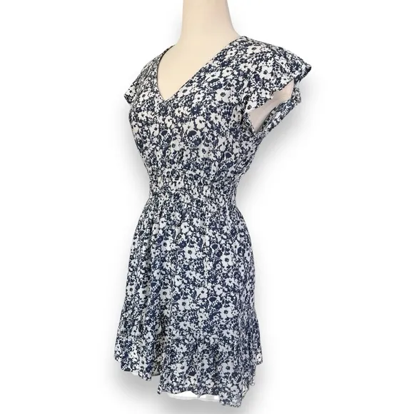 Rails Navy and White Floral Tara Dress with Flutter Cap Sleeves and Tiered Skirt