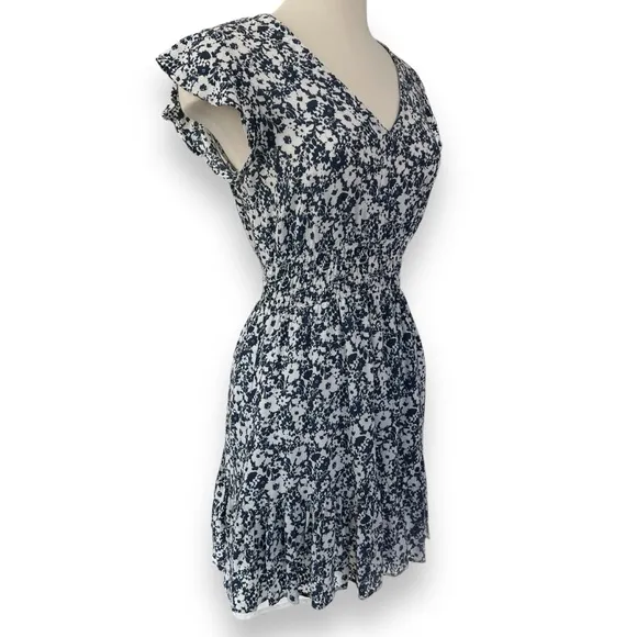 Rails Navy and White Floral Tara Dress with Flutter Cap Sleeves and Tiered Skirt