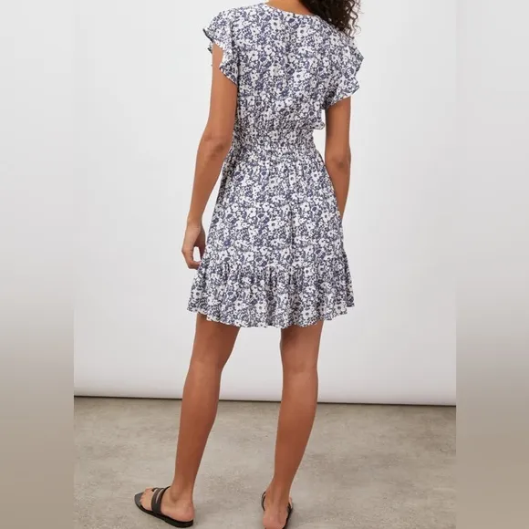 Rails Navy and White Floral Tara Dress with Flutter Cap Sleeves and Tiered Skirt
