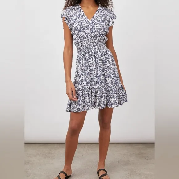 Rails Navy and White Floral Tara Dress with Flutter Cap Sleeves and Tiered Skirt