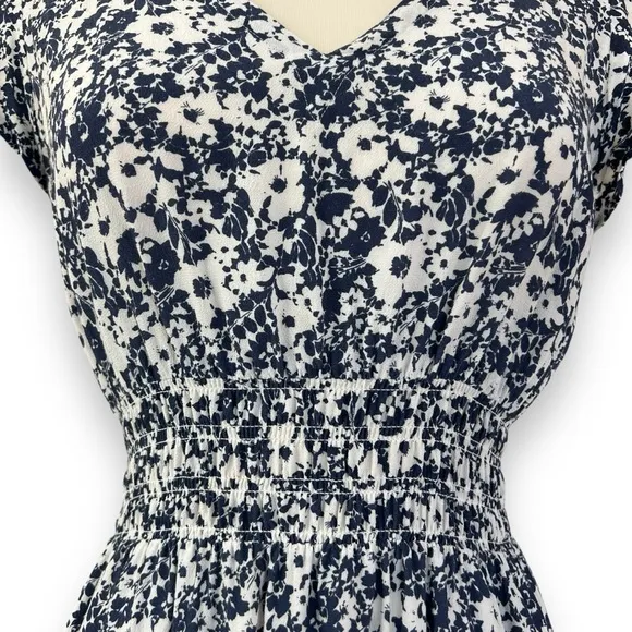 Rails Navy and White Floral Tara Dress with Flutter Cap Sleeves and Tiered Skirt
