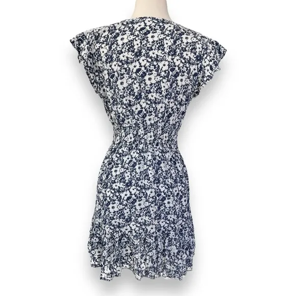 Rails Navy and White Floral Tara Dress with Flutter Cap Sleeves and Tiered Skirt