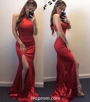 Red Halter Jersey Slit Cutout Back Prom Dresses Red Evening Dresses