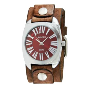 Red Retro Roman Watch with Faded Brown Leather Cuff Band 098BFBN