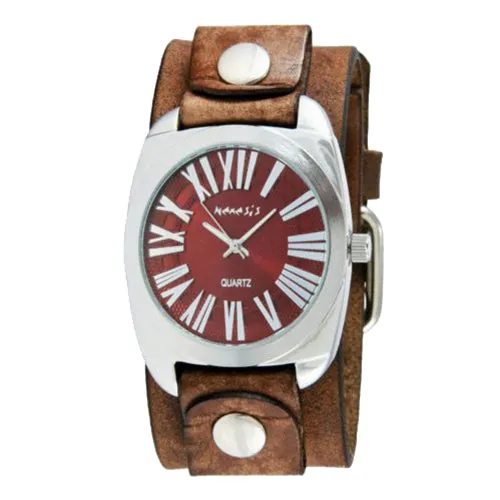 Red Retro Roman Watch with Faded Brown Leather Cuff Band 098BFBN