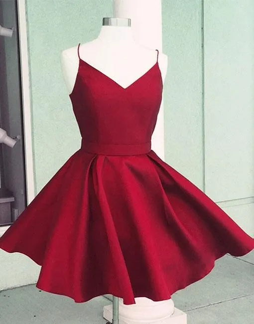 Red Spaghetti Straps V-neck Backless Homecoming Dresses With Bowknot