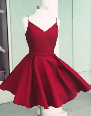 Red Spaghetti Straps V-neck Backless Homecoming Dresses With Bowknot