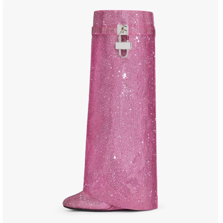 Rhinestones Knee High Crystals Trouser Wedge Boots For Women