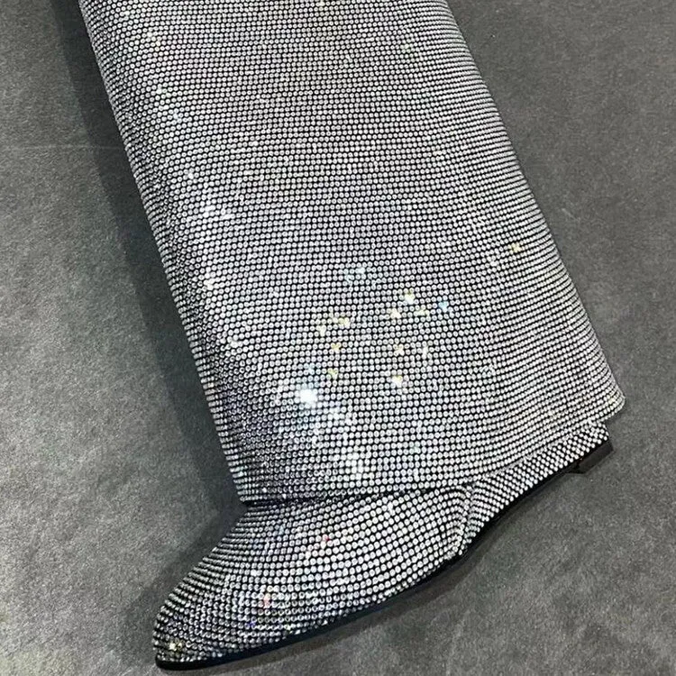 Rhinestones Knee High Crystals Trouser Wedge Boots For Women