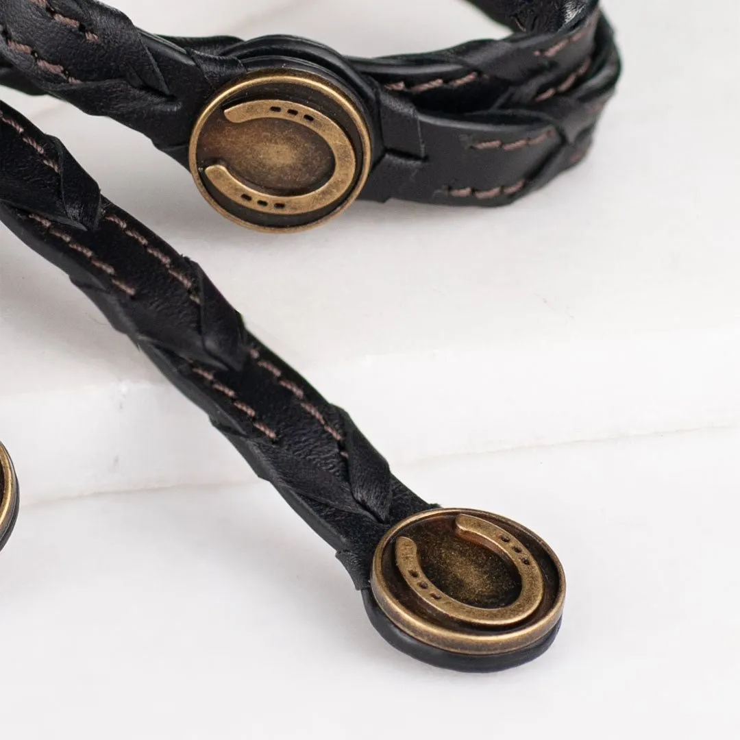 Rialto - Double Wrap Antique Brass Horseshoe Snap Italian Leather Black Bracelet