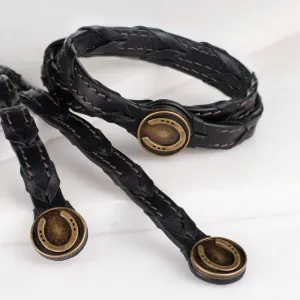 Rialto - Double Wrap Antique Brass Horseshoe Snap Italian Leather Black Bracelet