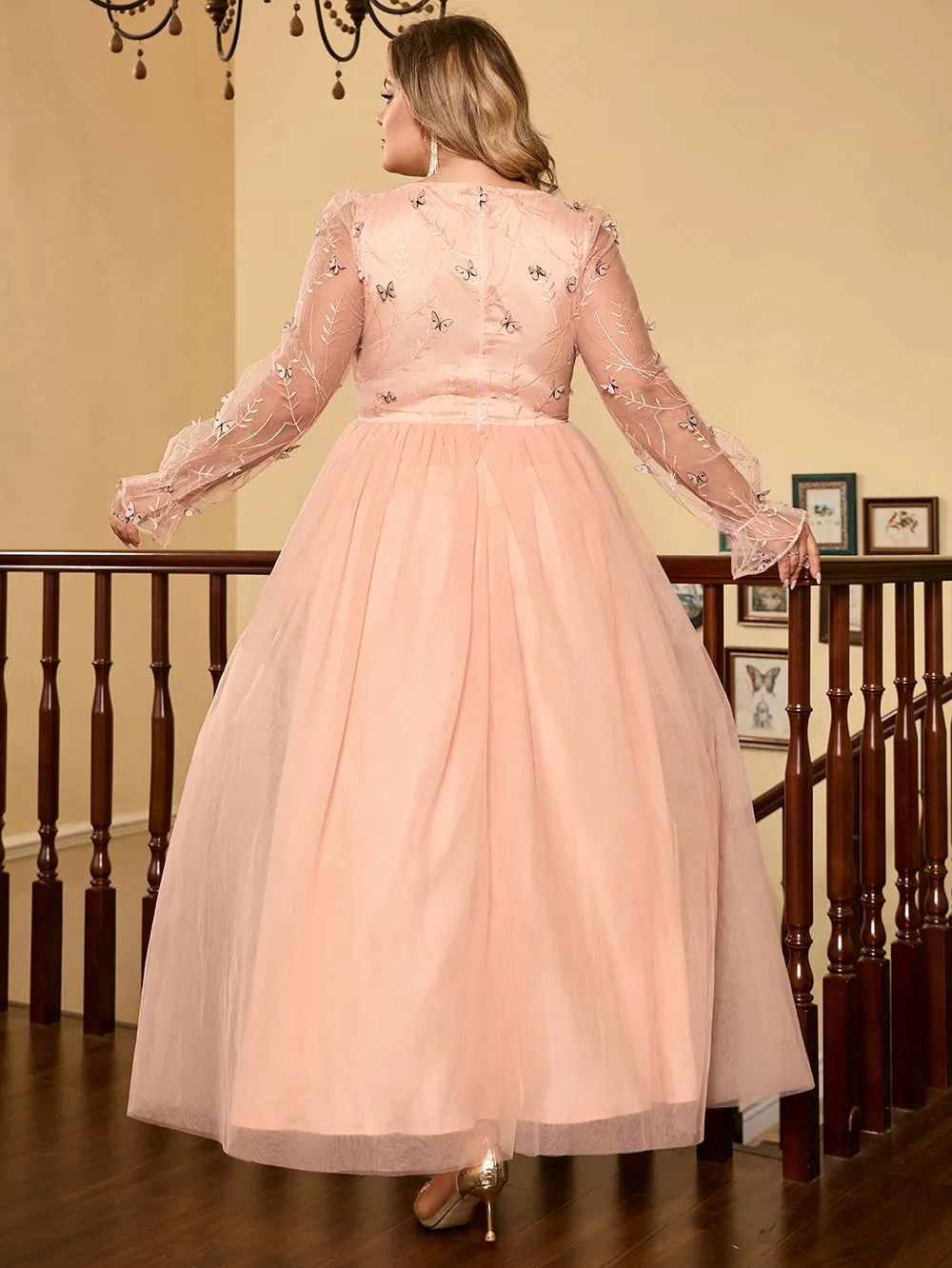 Round Neck Long Sleeve Butterflies Maxi Bodycon Dress HB00183