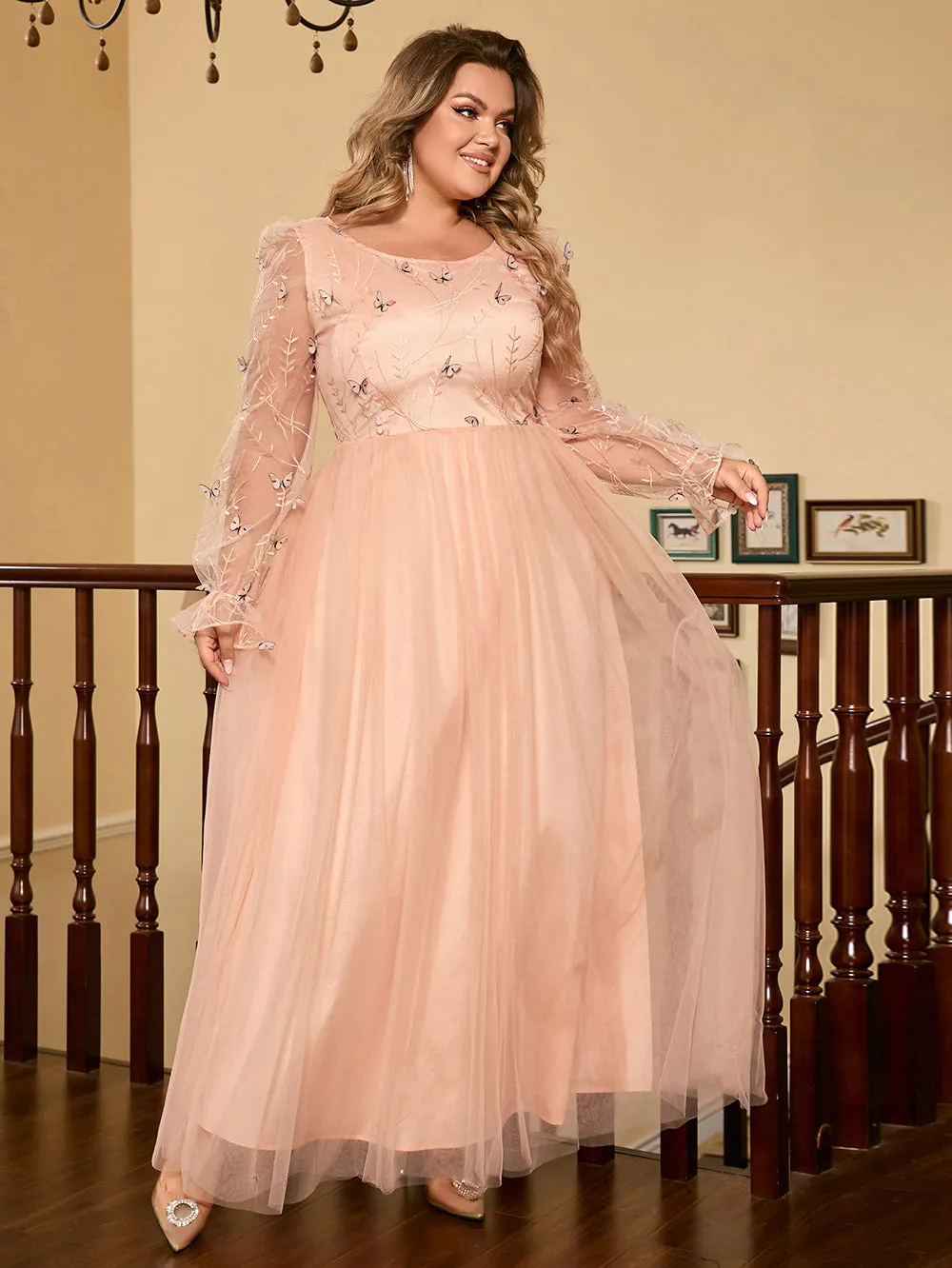 Round Neck Long Sleeve Butterflies Maxi Bodycon Dress HB00183