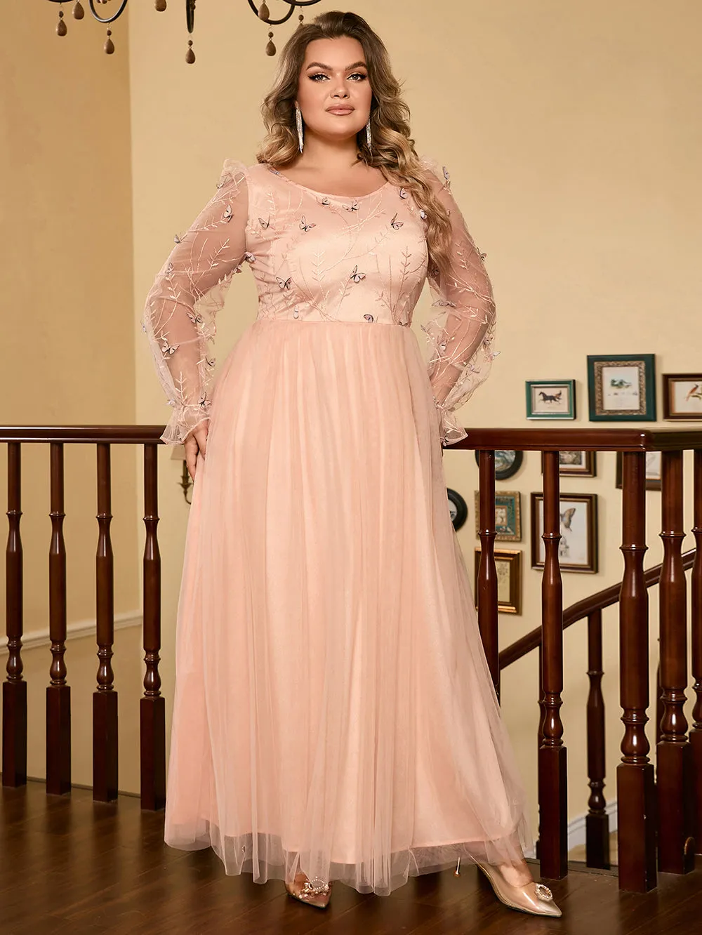 Round Neck Long Sleeve Butterflies Maxi Bodycon Dress HB00183