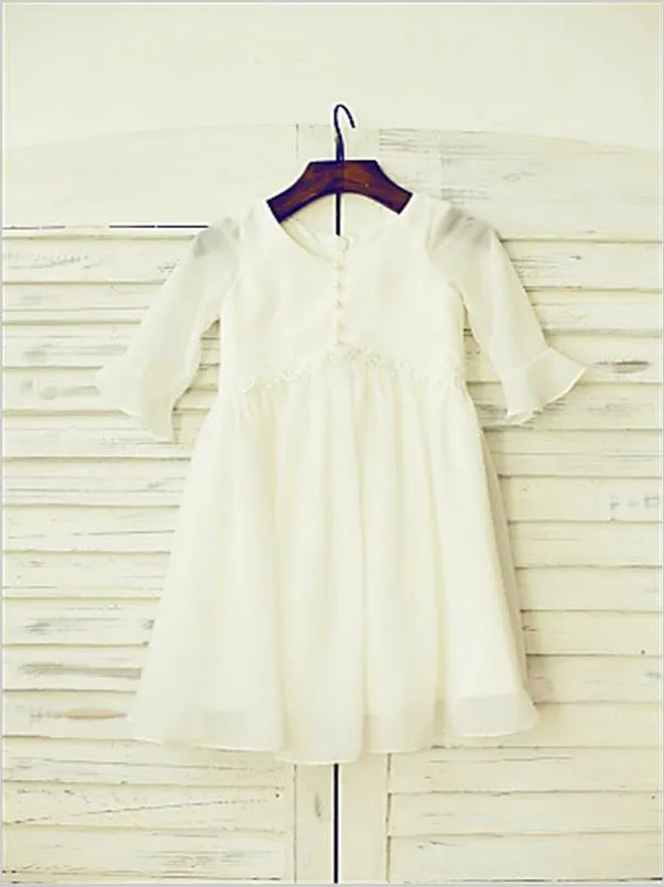 Ruffles Chiffon Princess Scoop Long Sleeves Flower Girl Dresses Floor Length Dress