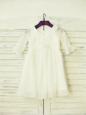 Ruffles Chiffon Princess Scoop Long Sleeves Flower Girl Dresses Floor Length Dress