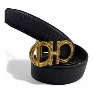 Salvatore Ferragamo Black Leather Belt with Antique Gold Textured Gancini Buckle