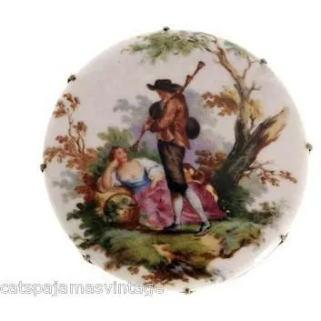 S.D. Baker  Samson China Brooch Hand Painted Scenic Courting Couple 1930s