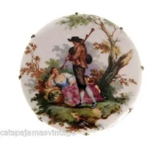 S.D. Baker  Samson China Brooch Hand Painted Scenic Courting Couple 1930s