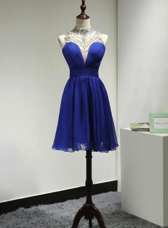 Short Prom Dresses,Chiffon Homecoming Gowns,Fitted Party Dress,Silver Beading Prom Dresses