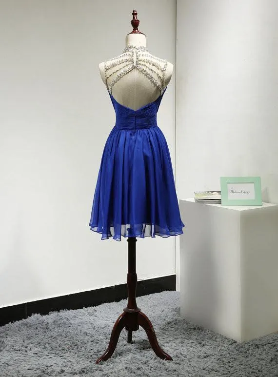 Short Prom Dresses,Chiffon Homecoming Gowns,Fitted Party Dress,Silver Beading Prom Dresses