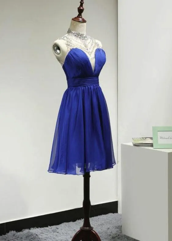 Short Prom Dresses,Chiffon Homecoming Gowns,Fitted Party Dress,Silver Beading Prom Dresses