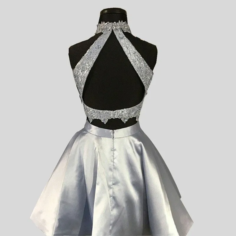 Silver Two Piece Halter Applique Backless Stain Homecoming Dresses