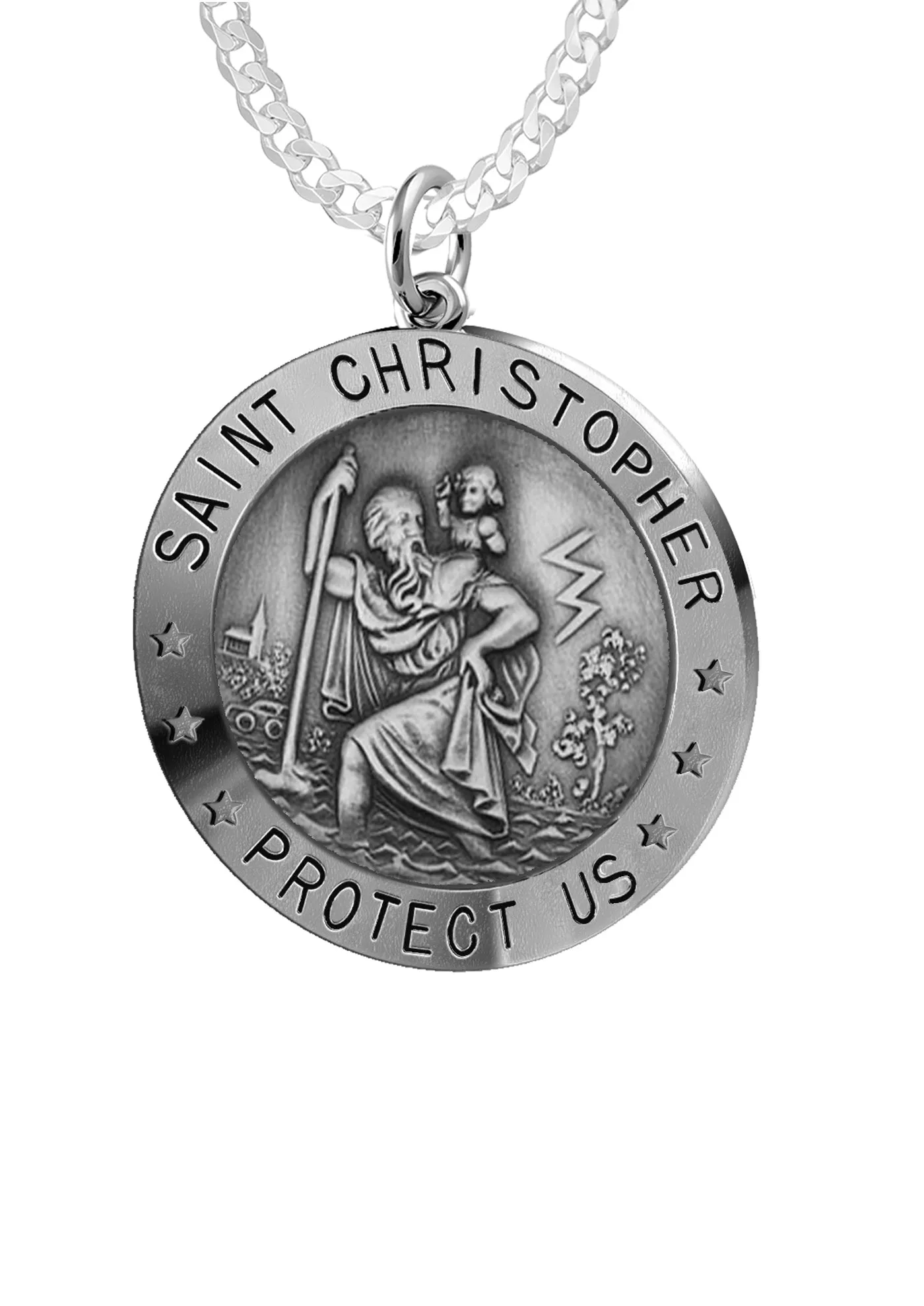 Small Ladies 925 Sterling Silver St Christopher Round Antique Pendant Necklace, 18mm