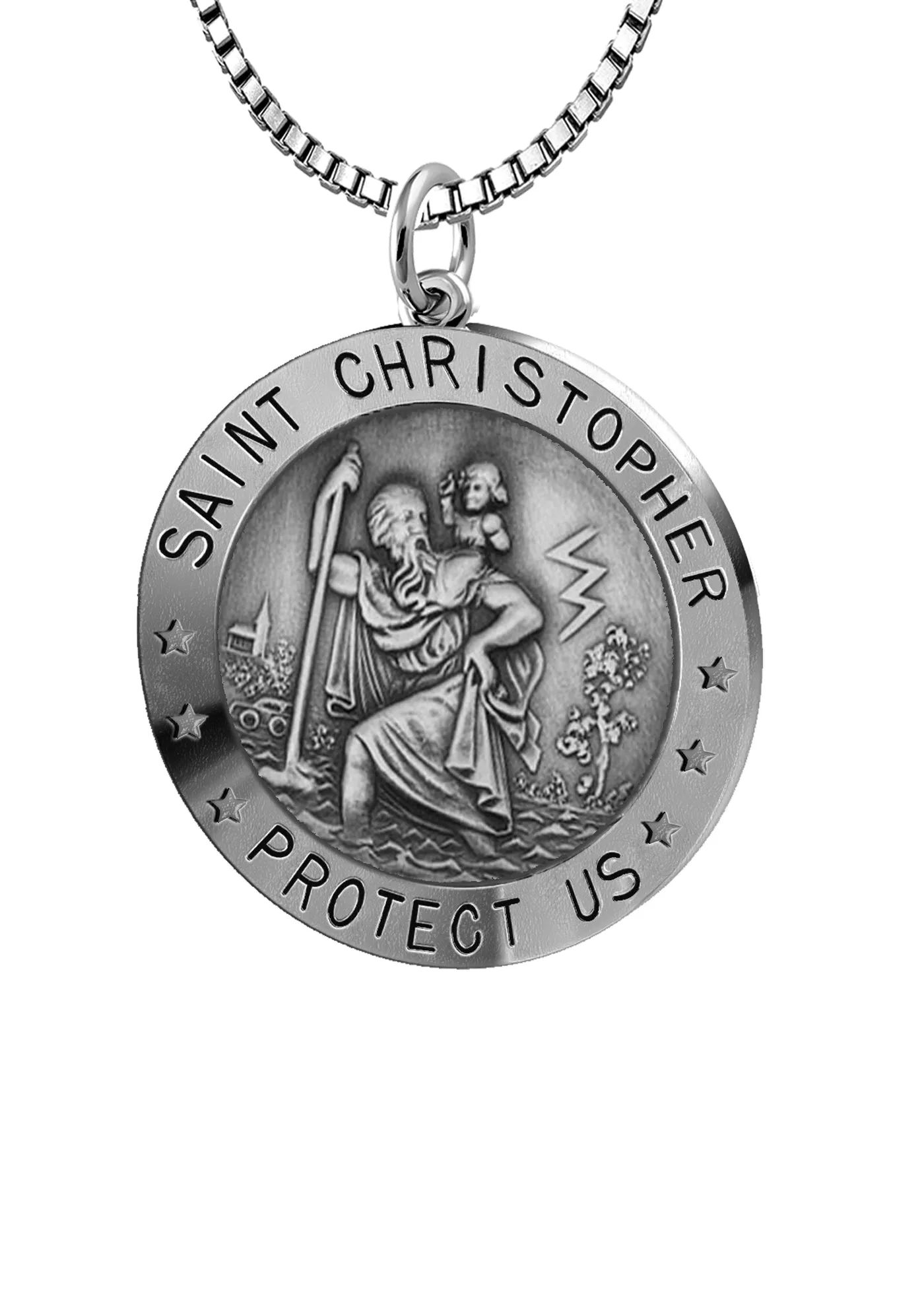 Small Ladies 925 Sterling Silver St Christopher Round Antique Pendant Necklace, 18mm