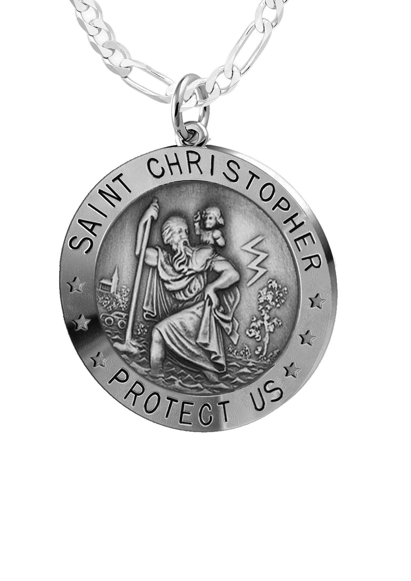 Small Ladies 925 Sterling Silver St Christopher Round Antique Pendant Necklace, 18mm