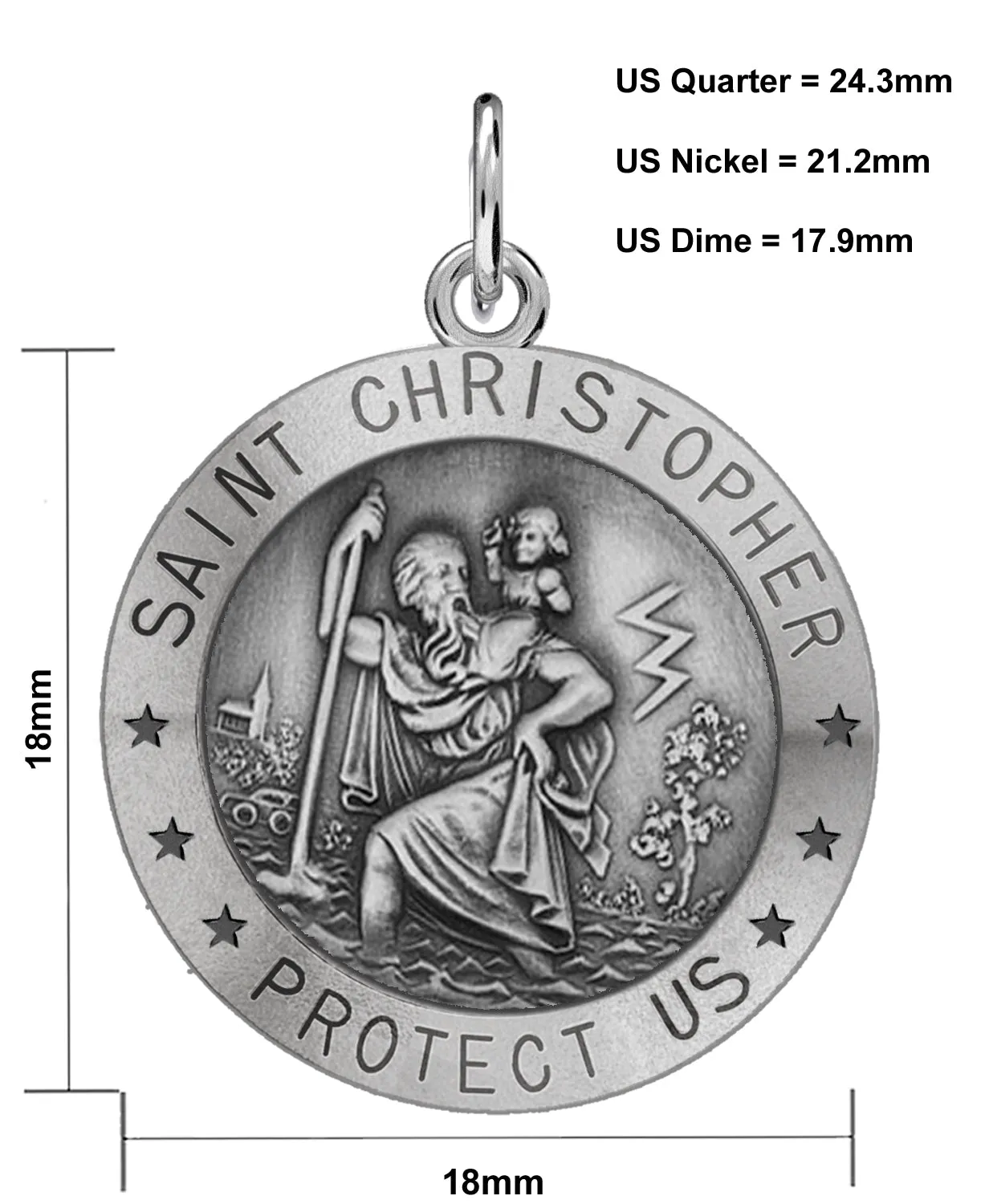 Small Ladies 925 Sterling Silver St Christopher Round Antique Pendant Necklace, 18mm