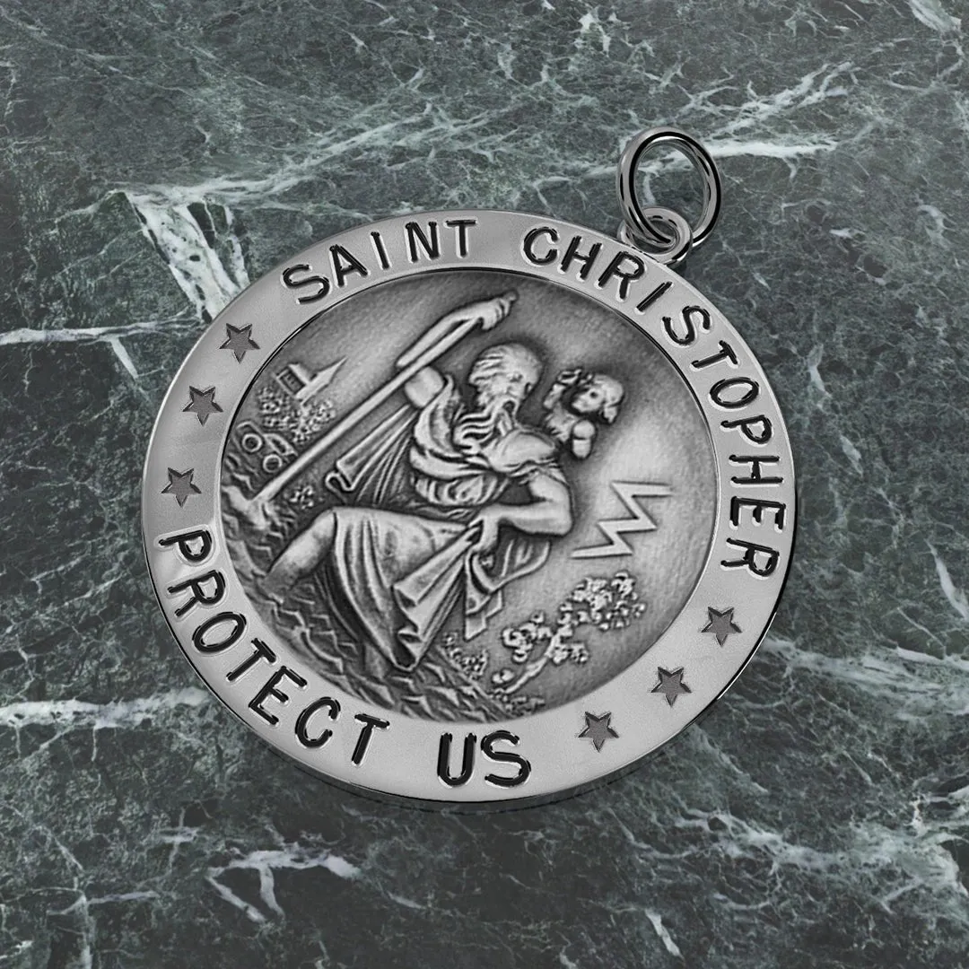 Small Ladies 925 Sterling Silver St Christopher Round Antique Pendant Necklace, 18mm
