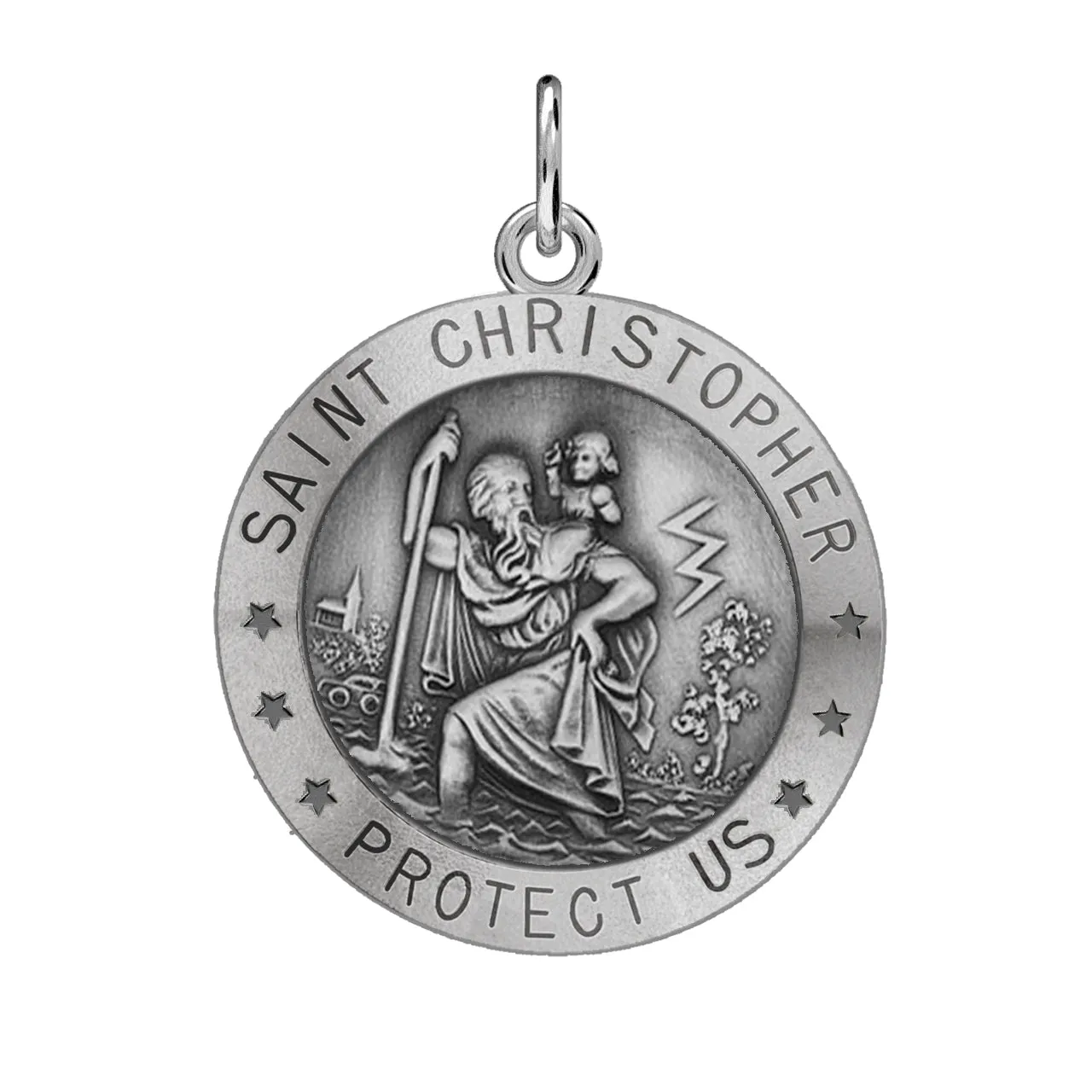 Small Ladies 925 Sterling Silver St Christopher Round Antique Pendant Necklace, 18mm