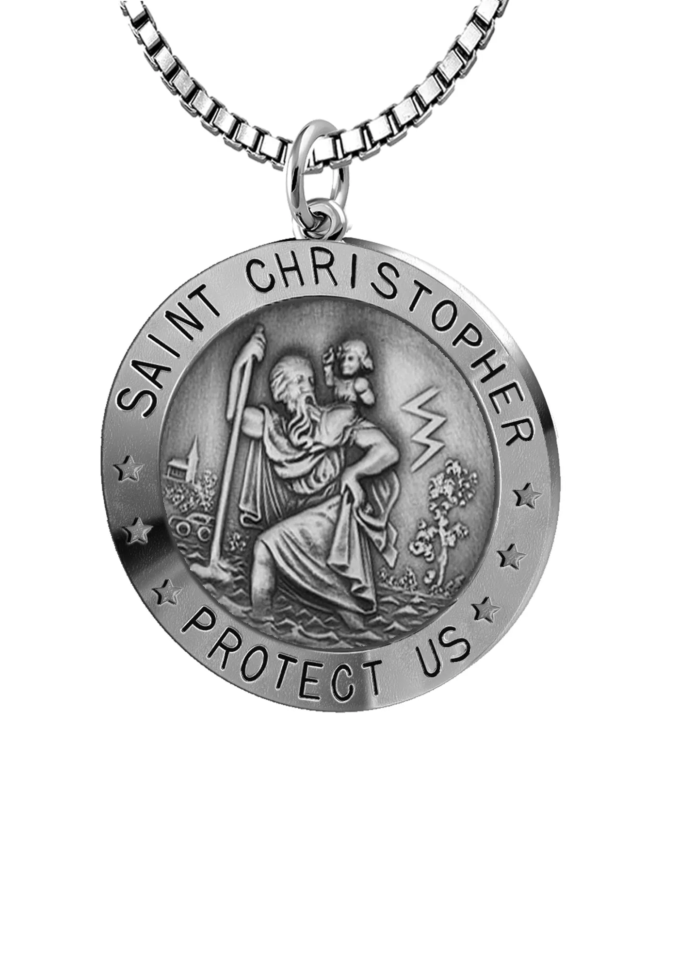 Small Ladies 925 Sterling Silver St Christopher Round Antique Pendant Necklace, 18mm