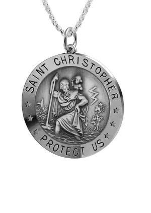 Small Ladies 925 Sterling Silver St Christopher Round Antique Pendant Necklace, 18mm