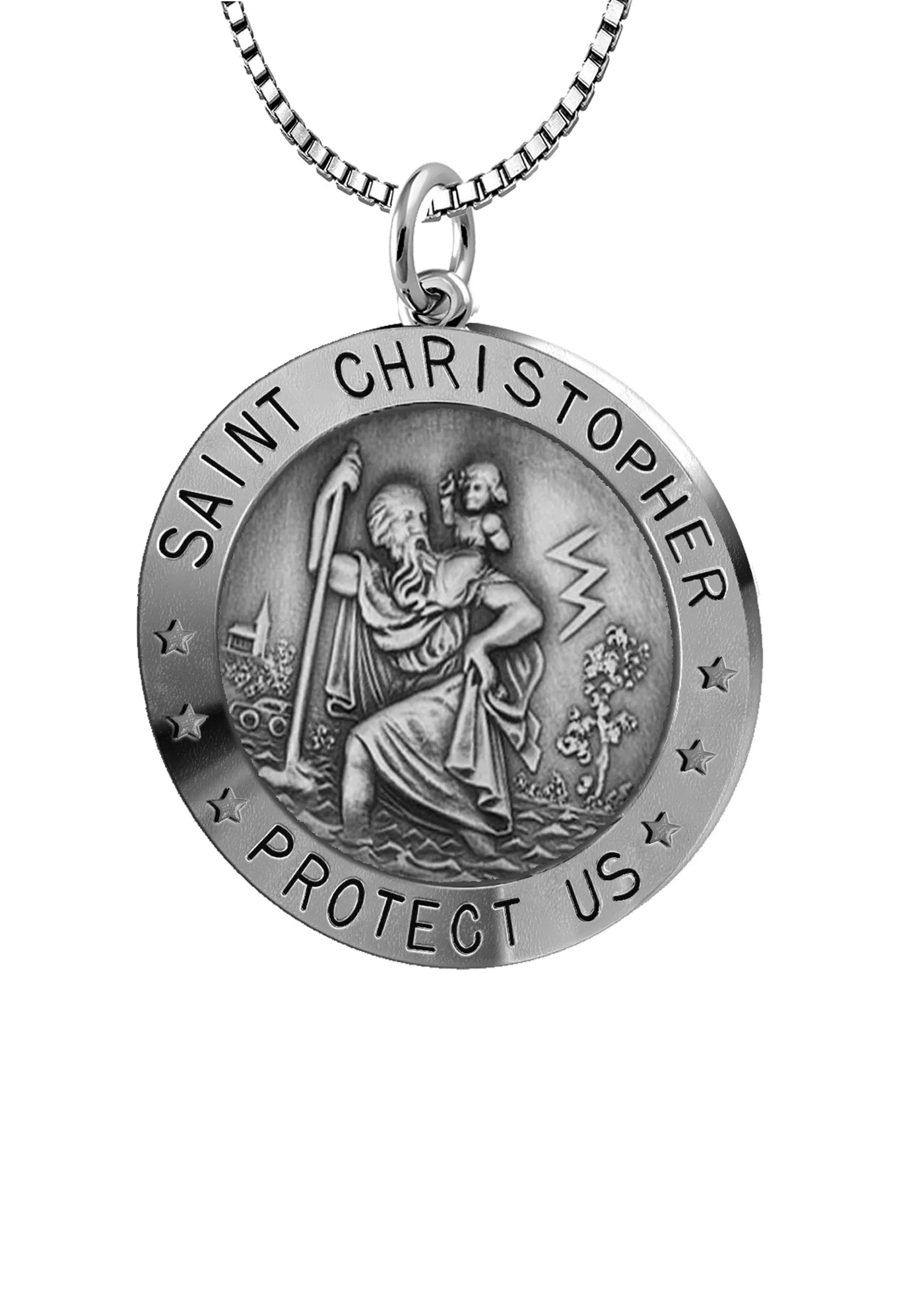 Small Ladies 925 Sterling Silver St Christopher Round Antique Pendant Necklace, 18mm