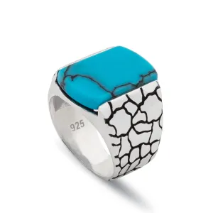 Sterling Silver Statement Ring with Large Flat-top Antique Turquoise Gemstone