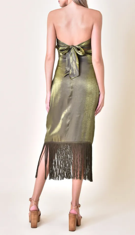 Strapless Tie Back Tussle Hem Midi Dress