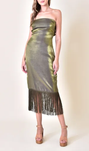 Strapless Tie Back Tussle Hem Midi Dress
