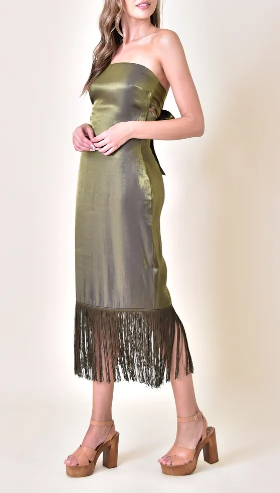 Strapless Tie Back Tussle Hem Midi Dress