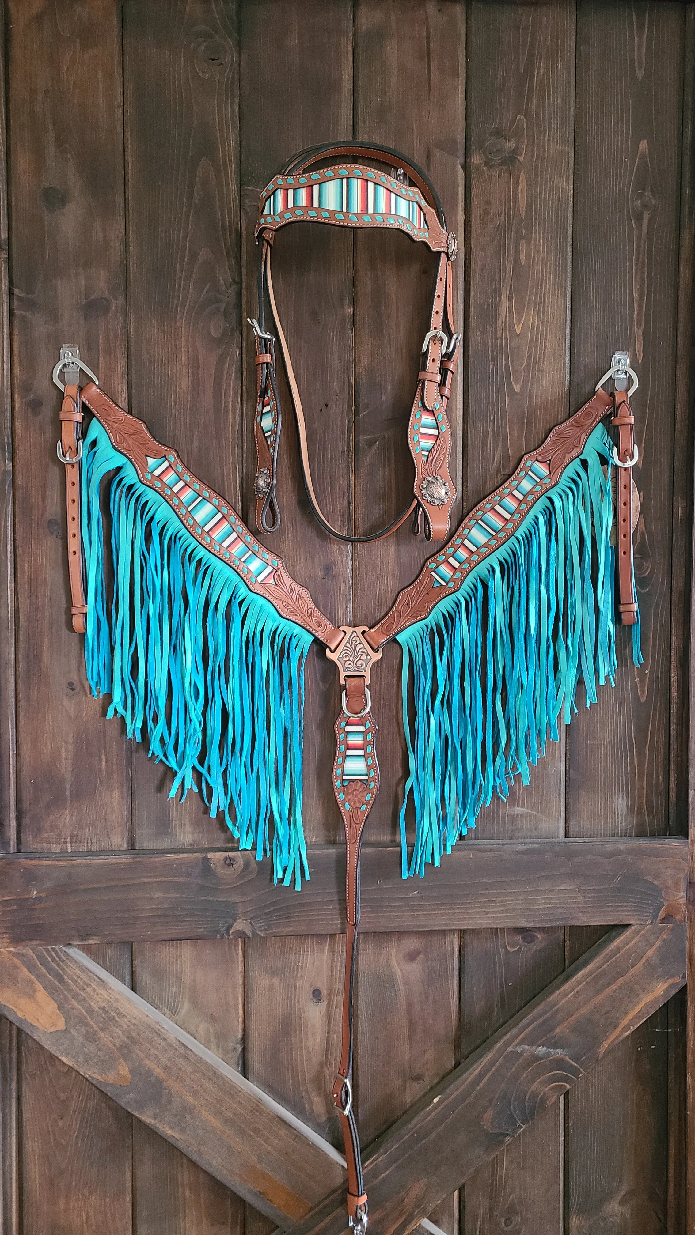 Teal Serape Fringe Headstall and Breast Collar Set