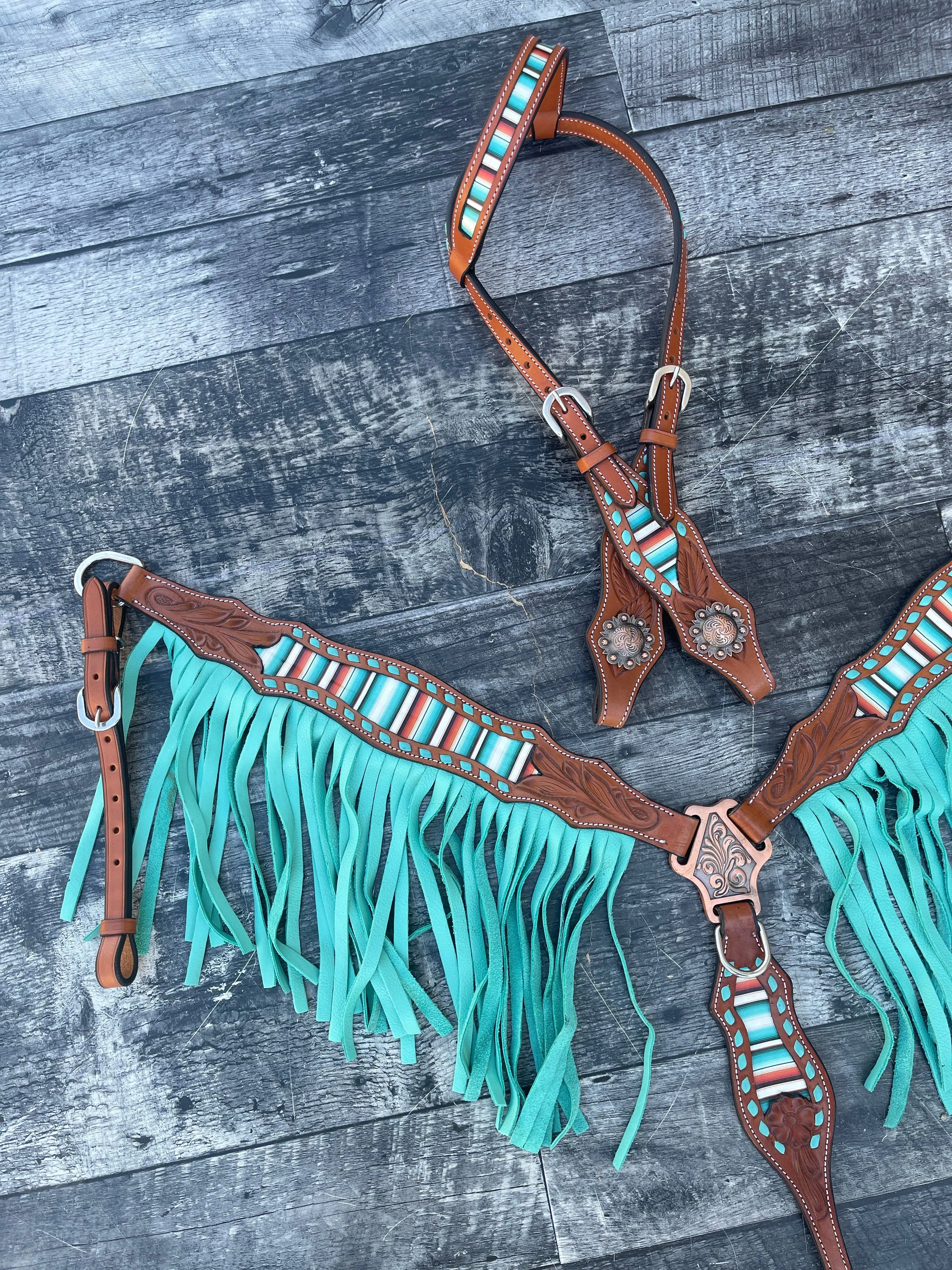 Teal Serape Fringe Headstall and Breast Collar Set