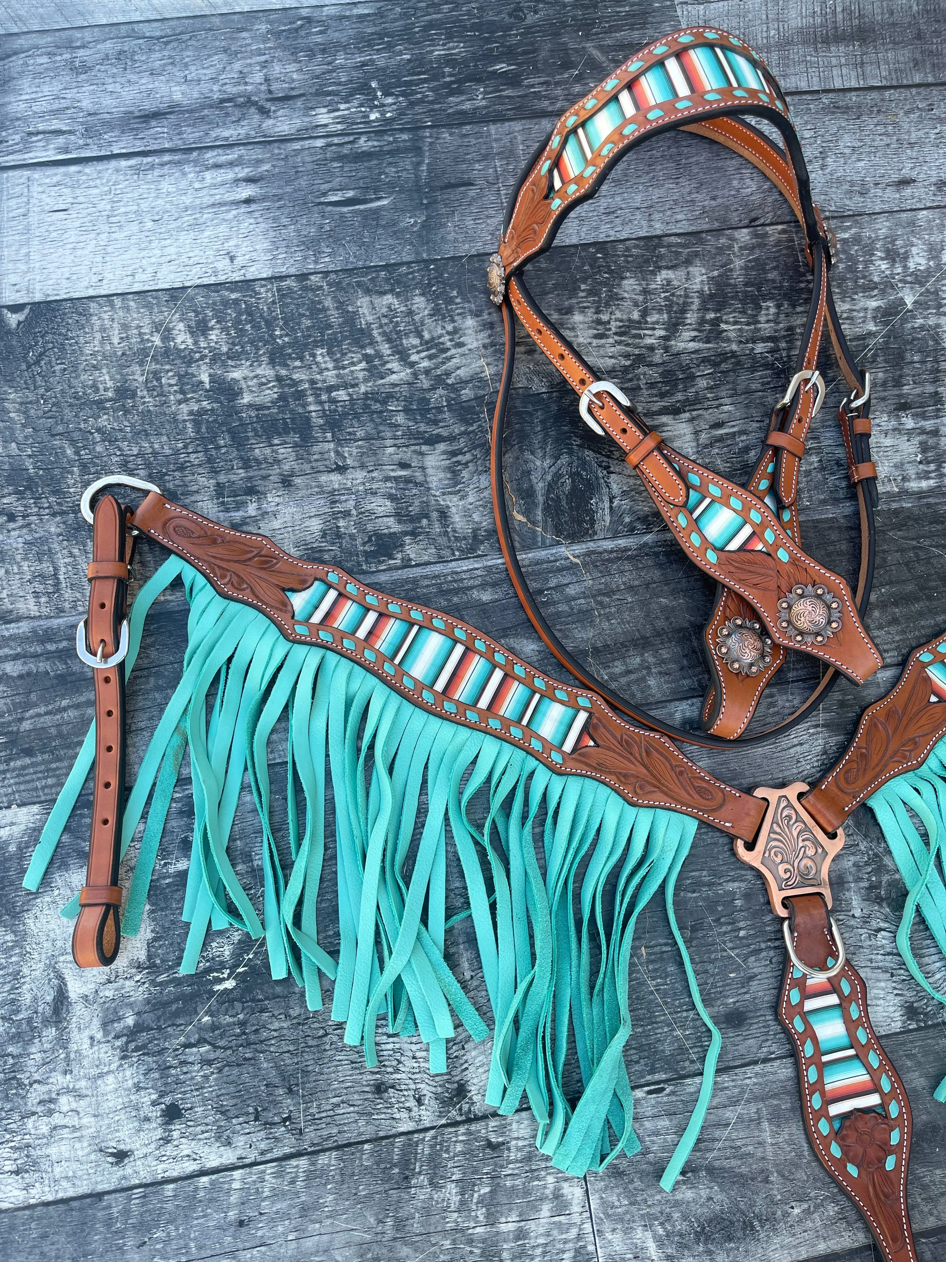 Teal Serape Fringe Headstall and Breast Collar Set