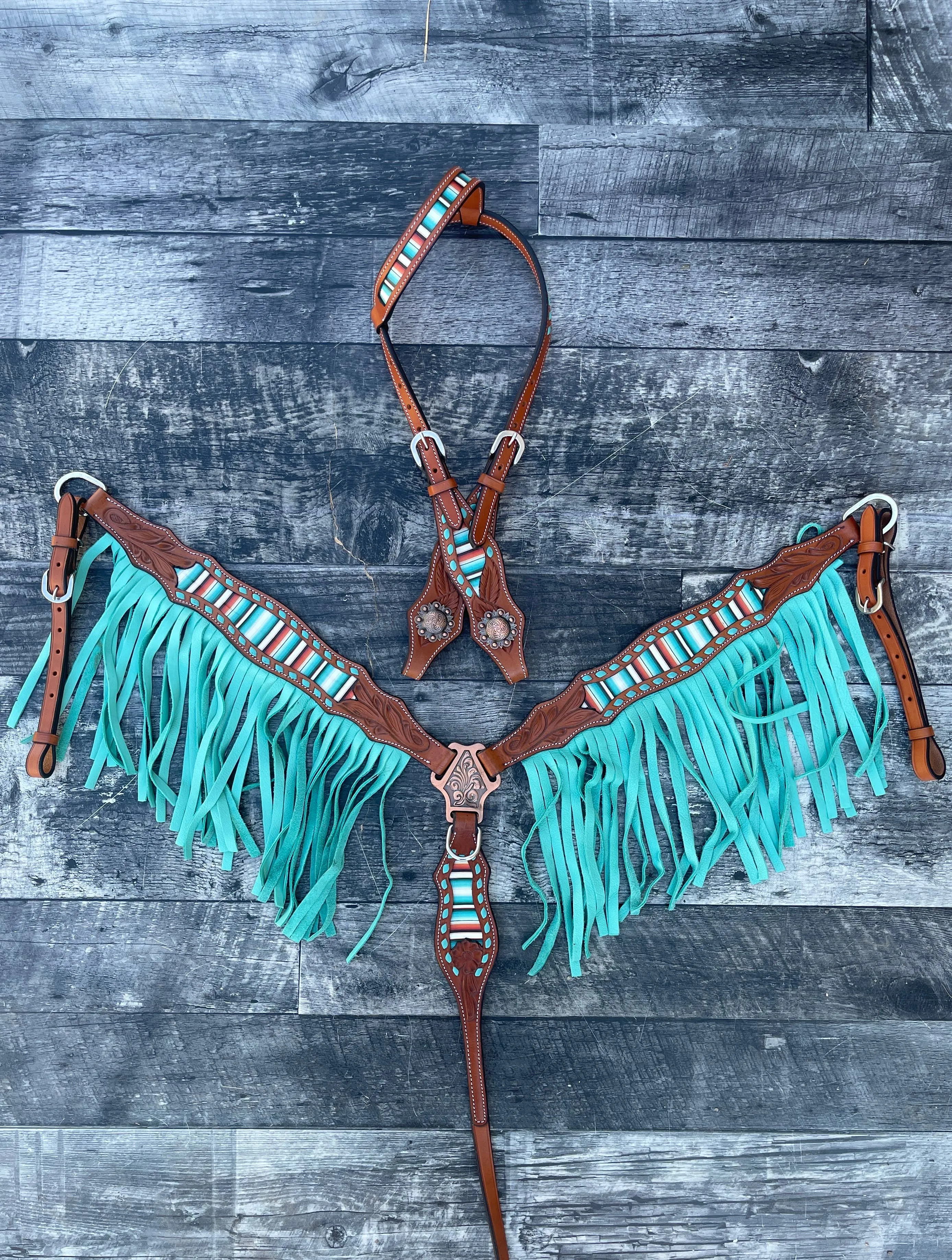 Teal Serape Fringe Headstall and Breast Collar Set