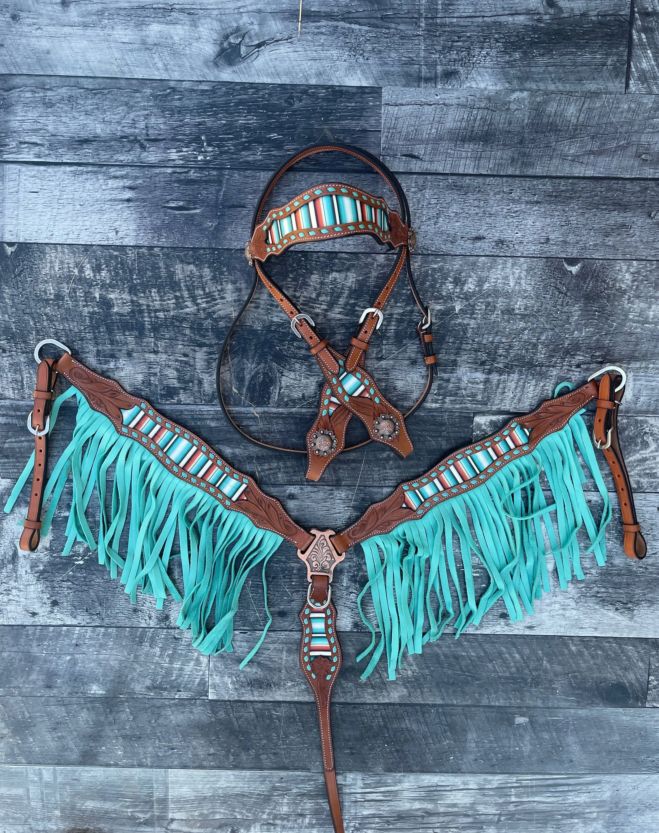 Teal Serape Fringe Headstall and Breast Collar Set